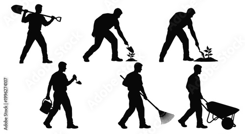 Gardeners performing various tasks with tools depicted in black silhouette
