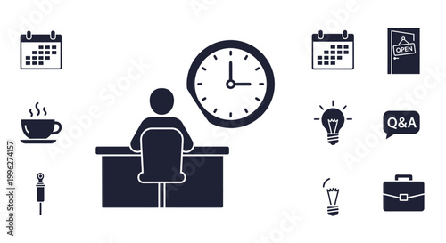 Workplace scene with clock coffee and a person in silhouette