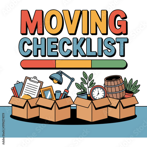 Moving checklist illustration with cardboard boxes and household items