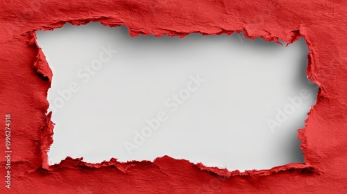 Red textured paper frame with ripped edges revealing clean white space for creative graphic design.