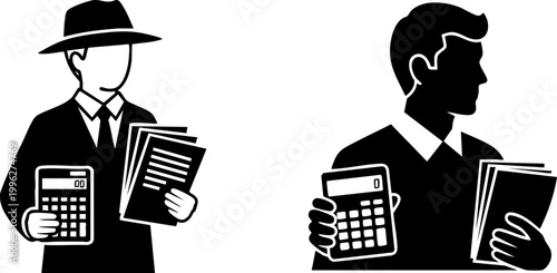 Professional accountant silhouette icons, businessman holding calculator and financial documents, black and white office worker vector set