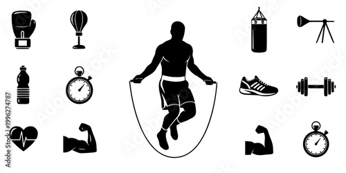 Boxer Jumping Rope Silhouette Vector - Cardio Fitness Training Icon