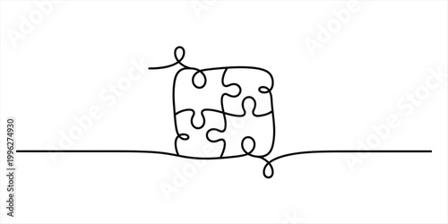 Continuous line drawing of four puzzle pieces connected together, simple black and white art Vector, illustration