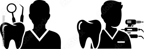 Professional dentist silhouette icons, dental healthcare specialist with tooth and medical tools, stomatology clinic vector set