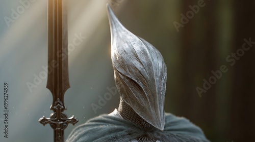 Silent warrior stands with blade in hand. Sunlight glows behind their armored head. Muted tones convey solemn strength. Shadows frame the figure's imposing stance. Ideal for fantasy, myth