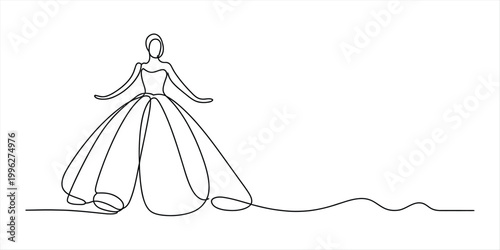 Elegant woman in a flowing ball gown, single line art drawing, minimalistic style Vector, illustration