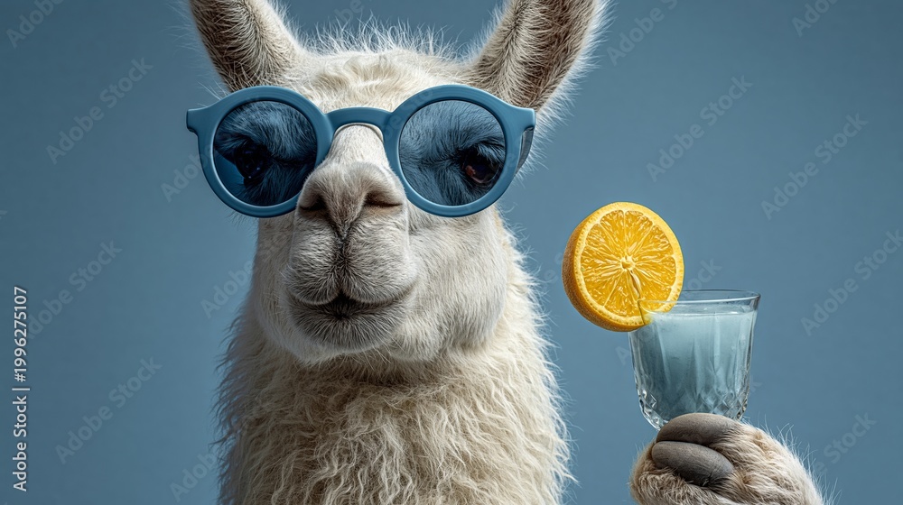 Obraz premium Llama wears cool blue sunglasses. It holds a glass with orange slice. Soft, fluffy fur contrasts with bold accessories. Playful, quirky vibe with calm, confident demeanor