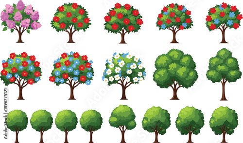 Set of colorful flowering trees and green garden shrubs vector illustration isolated collection, blooming ornamental plants, landscaping elements for nature design