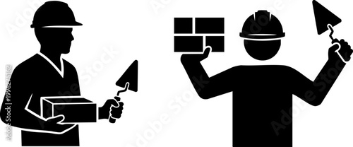 Construction worker silhouettes with trowel and bricks, mason builder icons in black vector style, professional bricklayer masonry service symbols