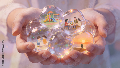 A person holding translucent, glass-like objects representing memories