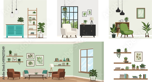 Modern cozy living room interiors collection with furniture plants and decor, stylish home design scenes set isolated on light background vector illustration