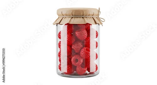Vector illustration of glass jar filled with fresh ripe raspberries on a transparent background