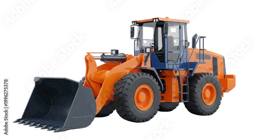 Vector illustration of modern orange wheel loader construction machinery on a transparent background