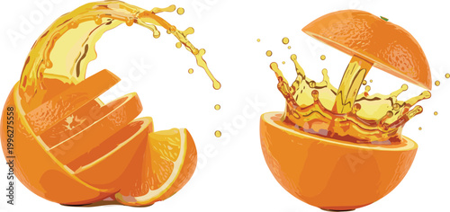 Fresh orange fruit with juice splash collection, realistic citrus slices and pouring liquid burst elements isolated on light background vector illustration