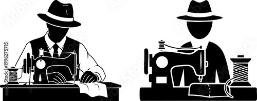 Vintage tailor silhouette vector set, professional male dressmaker working on sewing machine, retro fashion designer and seamster icons