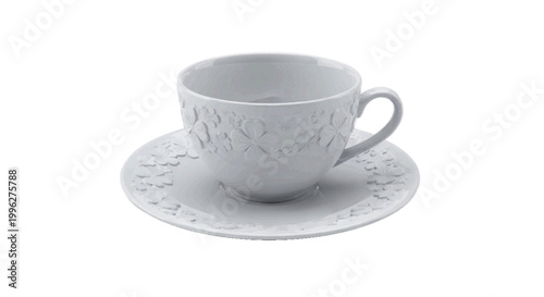 Vector illustration of white porcelain tea cup and saucer with embossed floral pattern on a transparent background