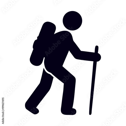 Hiking silhouette icon of a person with backpack and walking stick, minimalist mountain climber vector, outdoor adventure trekker symbol