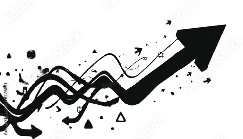 Arrow trends upward through chaotic scribbles symbolizing volatile growth and positive economic progression.