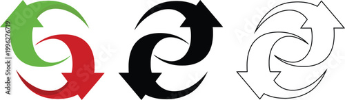 Three circular arrows color silhouette and outline variations