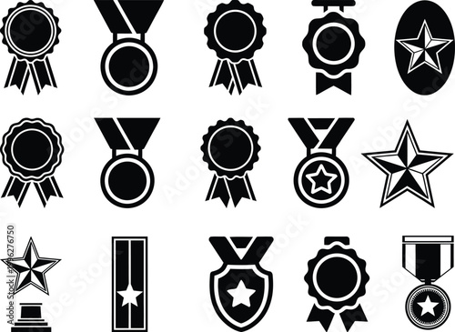 Black silhouette award icons set medals ribbons stars and trophies
