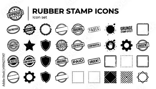 Red Ink Rubber Stamp Grunge Effect Icon Set Approved Distressed Oval Seal Worn Ink Badge Rough Edge Circular Faded Rectangular Splattered Aged Border Vector Illustration
