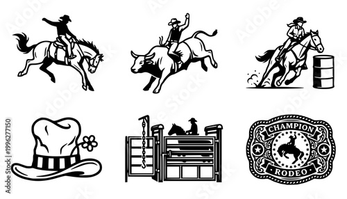 Rodeo Icon Set Bucking Bronco Bull Riding Barrel Racing Rodeo Clown Hat Arena Gate Chute Champion Buckle Trophy Western Vector Illustration