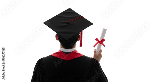 A young man in a graduation gown and cap holds his diploma proudly