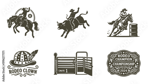 Rodeo Icon Set Bucking Bronco Bull Riding Barrel Racing Rodeo Clown Hat Arena Gate Chute Champion Buckle Trophy Western Vector Illustration