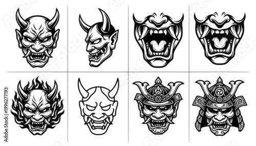 Powerful Oni Mask Design Set Strength Protection Bold Modern Frontal Horns Side Profile Roaring Mouth Flaming Oni Minimal Outline Ornate Crown Vector Illustration