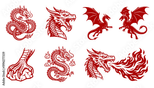 Elegant Vintage Dragon Illustration Set Power Strength Good Fortune Coiled Serpent Roaring Head Flight Silhouette Claw Detail Eastern Dragon Full Body Fire Vector Illustration