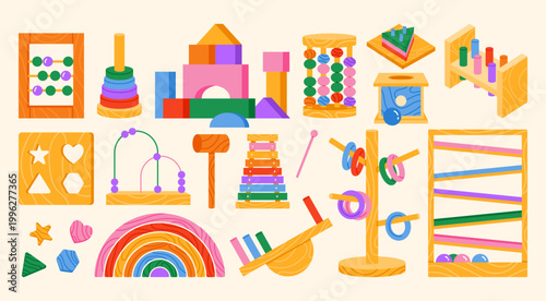 Set of wooden educational toys for kids. Bright baby toys for motor skills activities and early learning development. Sorter, abacus. Vector illustration in cartoon style. Isolated background