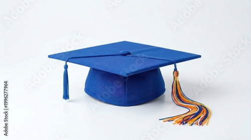 Blue graduation cap with multicolored tassel on white background.