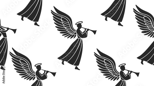 Angel icons, black and white, winged figures, trumpet players, decorative symbols