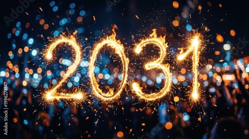 Sparkling fireworks forming the year 2031 during a New Year's Eve celebration at night.