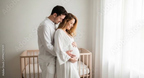 Pregnant couple holding baby bump with crib.