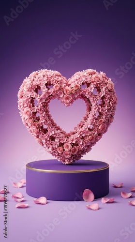 Pink floral heart sculpture on a purple podium with rose petals scattered around.