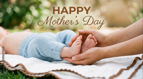 Mother holding baby feet with happy mothers day text outdoors on grass.