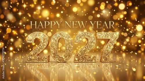 Happy New Year 2027 glowing golden numbers and confetti against sparkling background.