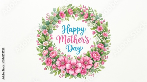 Happy mothers day text in wreath of pink flowers and green leaves on white background.