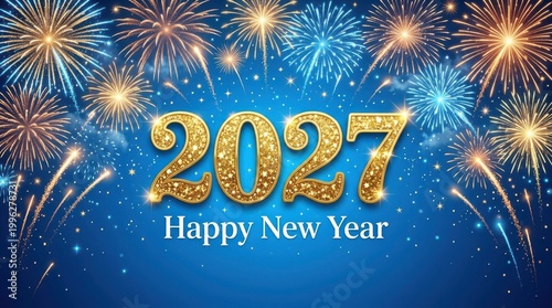 Happy new year 2027 fireworks celebration in night sky with glowing numbers and bright lights.