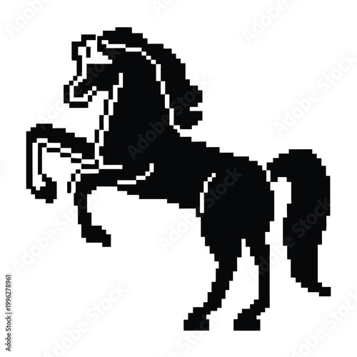 Foto Dynamic Rearing Horse Silhouette Pixel Art Illustration in Black and White