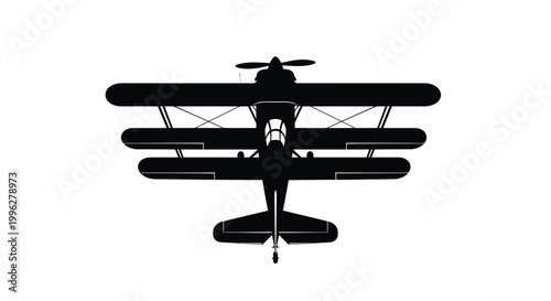 Detailed front view of a vintage biplane a striking black silhouette