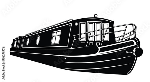 Schilderij op canvas Detailed black and white illustration of a narrowboat striking silhouette