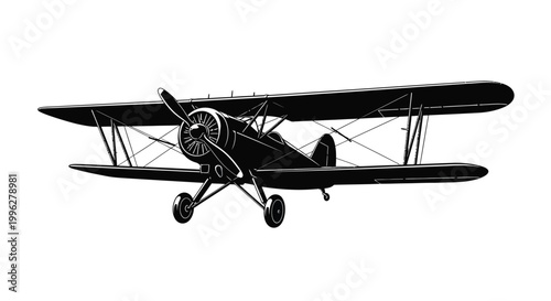 Vintage biplane in flight a striking black graphic silhouette high quality