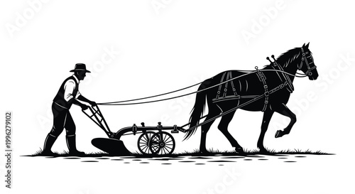 A farmer guiding a horse drawn plow through a field black silhouette