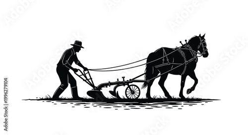 Farmer plowing a field with a horse drawn plow black and white silhouette