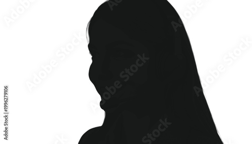 Woman silhouette stands in profile against a plain white background capturing a human expression.
