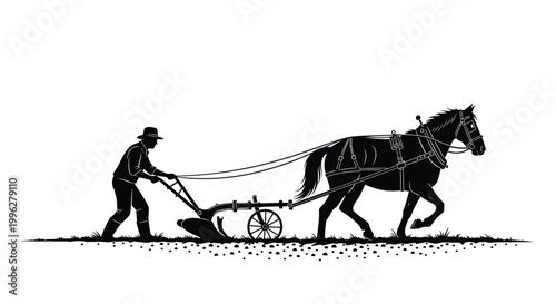 Farmer plowing a field with a horse drawn plow a striking silhouette