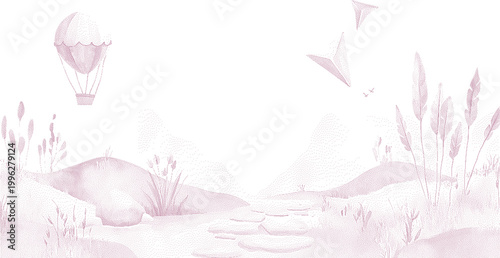 Whimsical watercolor landscape with hot air balloon and paper airplanes in soft pastel hues