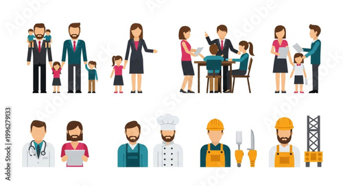 Diverse group of people in various professions and family settings.
